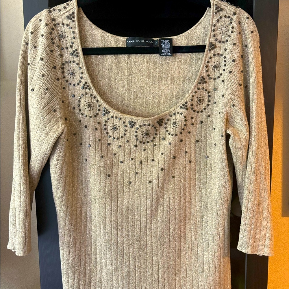 Dana Buchman Metallic Gold Sweater with Beaded Design